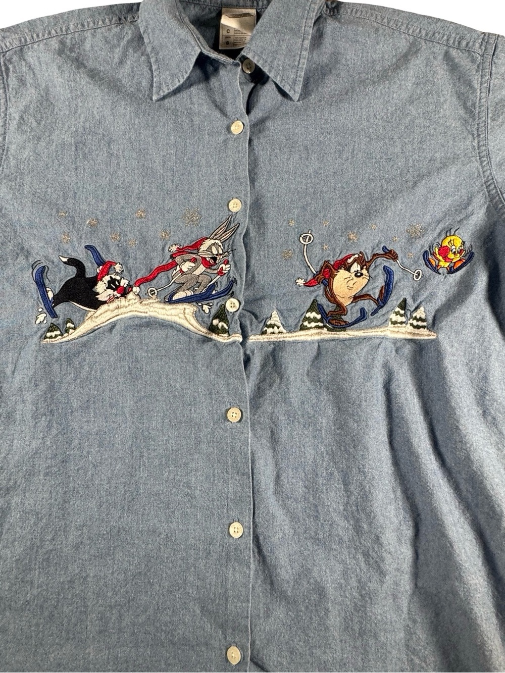 VTG 90's Looney Tunes Warner Bros. Studio Store Denim Button Up Shirt Size S - Picture 3 of 12